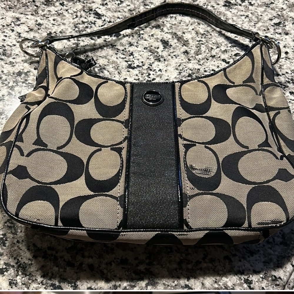 Coach Black and Tan Signature Shoulder Bag